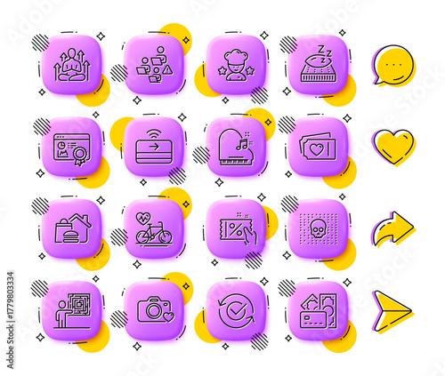 Piano, Photo camera and Mattress line icons. App 3d buttons. Social media comment, share, like icons. Pack of Best chef, Cyber attack, Contactless payment icon. Vector