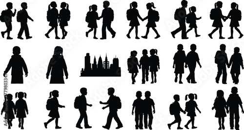 Silhouette of school children walking together with backpacks, friendship, education, students returning to school