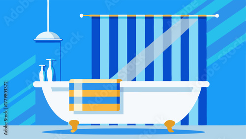 A bathroom with a white freestanding bathtub and a beachy blue striped shower curtain.