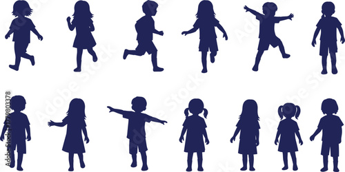 Silhouette set of children running, walking, standing and playing in various poses, boys and girls collection for design and illustration