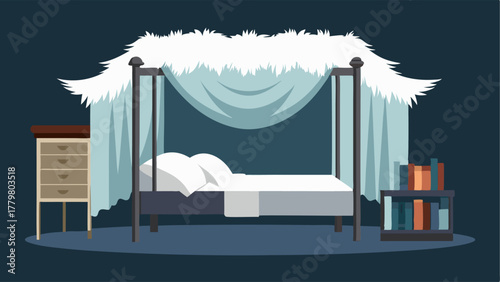 A bedroom with a canopy bed made from metal pipes and draped with flowy white curtains paired with a fluffy faux fur rug and a metal bookshelf as a nightstand.