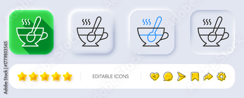 Cup with spoon line icon. Neumorphic, Flat shadow, 3d buttons. Fresh beverage sign. Latte or Coffee symbol. Line tea cup icon. Social media icons. Vector