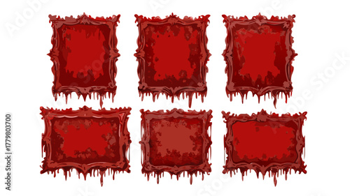 Illustration of six red frames with dripping paint arranged on a white background surface art