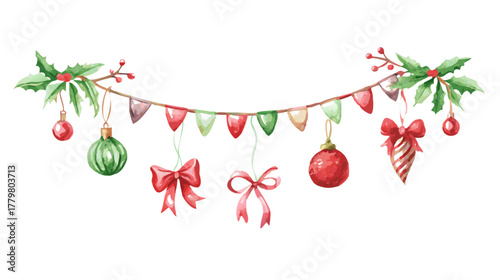 Watercolor christmas garland with holly leaves, ornaments, bows, and pennant flags decoration hanging