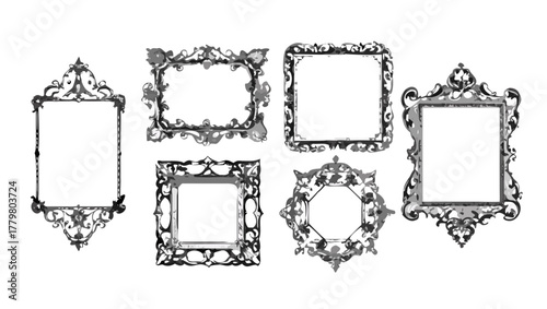 Collection of ornate vintage frames with intricate designs in varying shapes and orientations displayed