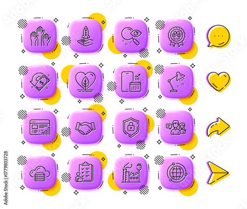 Employees handshake, Phone calendar and Local grown line icons. App 3d buttons. Social media comment, share, like icons. Pack of Crowdfunding, Web report, Checklist icon. Vector