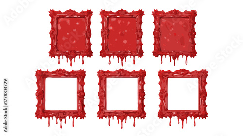 Six red ornate picture frames with dripping paint arranged in two rows on a white background