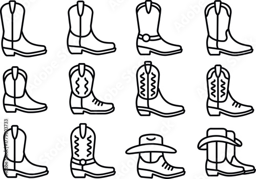 Collection of Cowboy Boot Vector Icons in Black and White Style