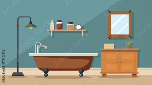 A bathroom with a vintage clawfoot tub and a vanity made from an old wooden shipping crate contrasted with modern metal fixtures.