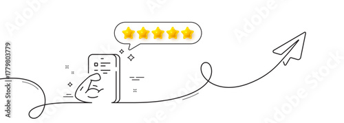 Fitness line icon. Continuous line with share plane. Online exercise sign. Live coach symbol. Five star rate review in speech bubble. Fitness single line ribbon. Loop curve pattern. Vector