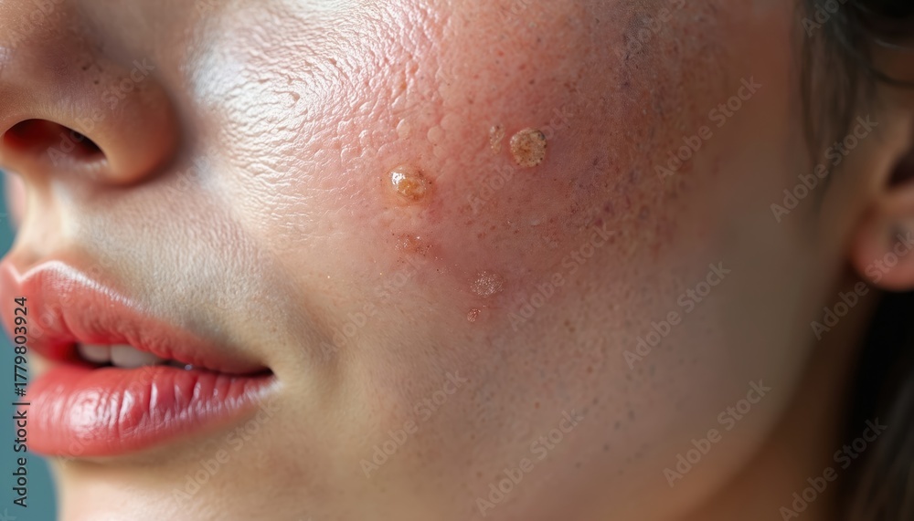 Fototapeta premium Close up of female skin with seborrheic keratosis condition. Face shows age spots, lesions, pigmentation. Skin problem requires treatment, care. Human face with dermatology issue for medical