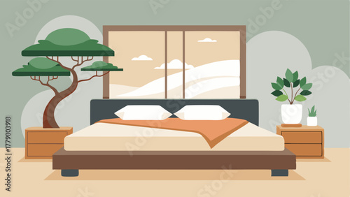 A bedroom with a large low platform bed adorned with neutralcolored linens and a mix of Japanese and Scandinavian throw pillows. A bonsai tree sits on a bedside table adding a