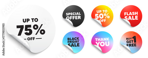 Discount tag sticker tag. Special offer paper price tags. Up to 75 percent off sale. Discount offer price sign. Special offer symbol. Save 75 percentages. Discount, black friday sticker. Vector