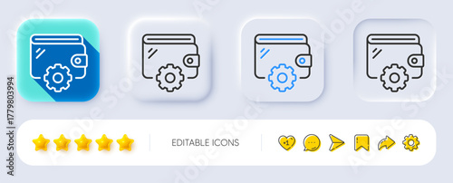 Wallet line icon. Neumorphic, Flat shadow, 3d buttons. Money purse with cogwheel sign. Cash budget symbol. Line wallet icon. Social media icons. Vector