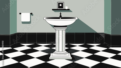 A bathroom with a modern twist on a Victorian pedestal sink paired with sleek black and white geometric floor tiles.