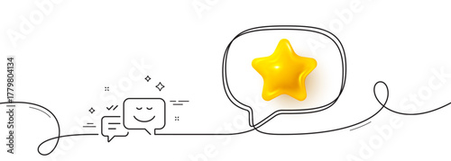 Message speech bubbles with Smile line icon. Continuous line with 3d star. Chat emotion sign. 3d star in speech bubble. Happy emotion single line ribbon. Loop curve pattern. Vector