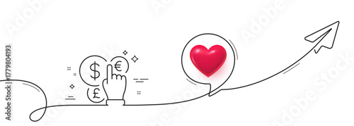 Money currency line icon. Continuous line with share plane. Cash exchange sign. Stock trade symbol. 3d heart in speech bubble. Money currency single line ribbon. Loop curve pattern. Vector
