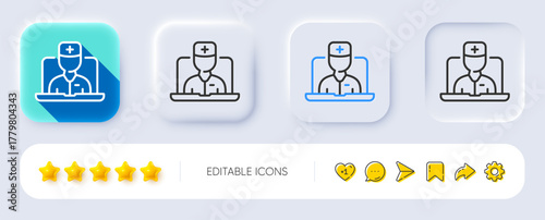 Telemedicine line icon. Neumorphic, Flat shadow, 3d buttons. Online doctor sign. Medicine healthcare symbol. Line telemedicine icon. Social media icons. Vector