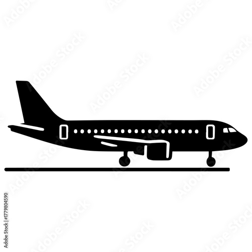 Minimalist black silhouette of a passenger airplane on a runway in side view, with windows and landing gear—ideal for travel logos, airport signage, and transport design.