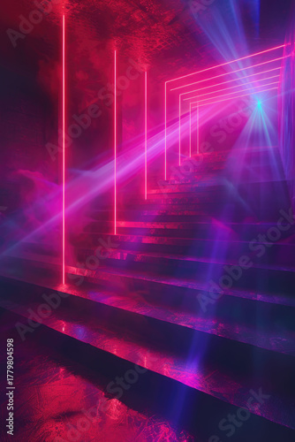 Vivid neon lights forming a futuristic tunnel with glowing purple and blue hues