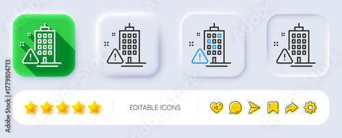 Building construction warning line icon. Neumorphic, Flat shadow, 3d buttons. Attention triangle sign. Caution house symbol. Line building warning icon. Social media icons. Vector