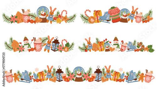 Set of Christmas borders with fir branches, toys,  candy cane, gingerbread, snowman, skates, and snow globe. Festive flat cartoon decoration for greeting card, invitation, or winter holiday design.