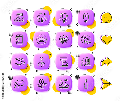 Versatile, Shopping cart and Eco power line icons. App 3d buttons. Social media comment, share, like icons. Pack of Coffee maker, Online voting, Bike icon. Vector