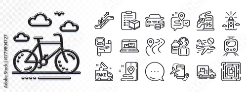 Petrol station, Buy car and Bike rental line icons for web app. Glare of light effect. Message icon. Pack of Metro map, Parcel checklist, Cancel flight pictogram icons. Vector