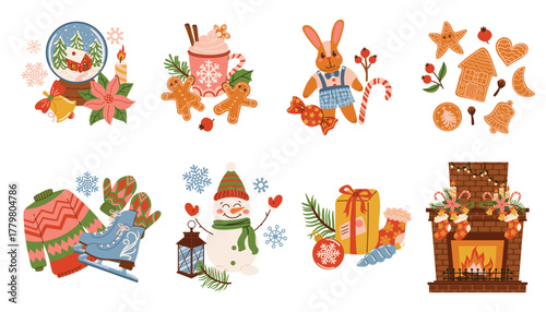 Set of Christmas compositions with fir branches, toys, hot chocolate, candy cane, gingerbread, snowman, skate, globe, and fireplace. Cozy festive still life in flat cartoon style for winter design.