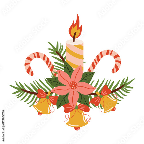Festive Christmas wreath with fir branches, candy cane, bells, Poinsettia flower, and burning candle in flat cartoon style. Perfect for holiday cards, posters, decorations, and greetings.