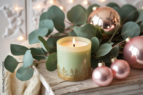 Pistachio candle with holiday ornaments. Elegant green and pink festive decor. Cozy luxury Christmas still life.