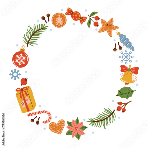 A round Christmas frame with cartoon festive elements like fir branch, bell, candy cane, gift box, gingerbread cookie, snowflake, toy, red berry, clove, and dots in bright holiday style.