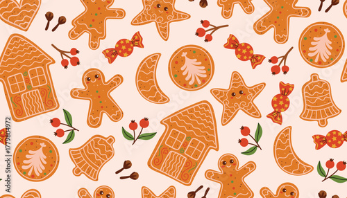 Christmas seamless pattern with gingerbread cookies house, star, heart, man, woman, bell, crescent, round cookie with spruce tree, red berries, candy, clove in messy order on beige background.