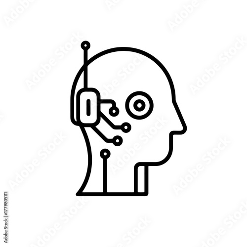Minimal black robot vector showing sensor eye and antenna detail, representing artificial intelligence, smart tech, and digital innovation.