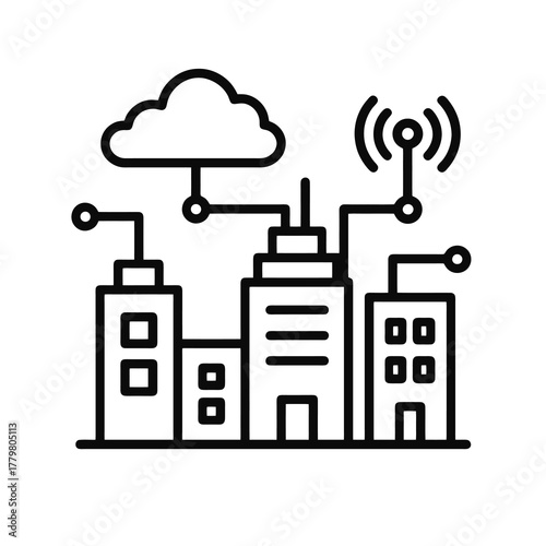 Minimal black city vector showing high-tech buildings and signal lines, representing smart infrastructure, automation, and future connectivity.