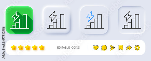 Consumption growth line icon. Neumorphic, Flat shadow, 3d buttons. Electric power up trend sign. Energy chart symbol. Line consumption growth icon. Social media icons. Vector