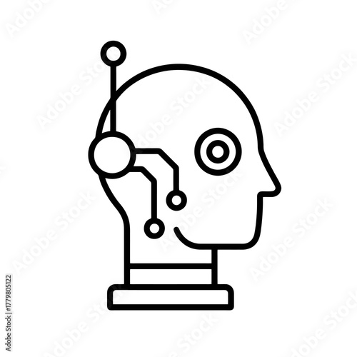 Thin black vector icon of a humanoid robot head with circuit lines, symbolizing AI, automation, and futuristic technological innovation.