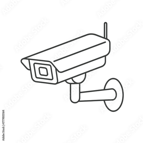 Thin black vector icon of an outdoor CCTV camera with wireless antenna, symbolizing modern security, protection, and smart monitoring.