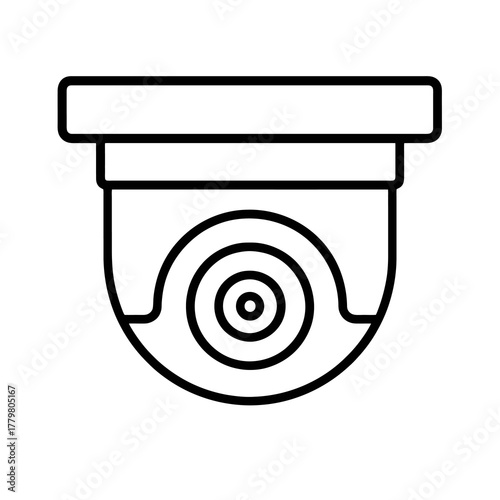 Thin black vector icon of a dome CCTV camera for indoor surveillance, symbolizing protection, observation, and digital security monitoring.