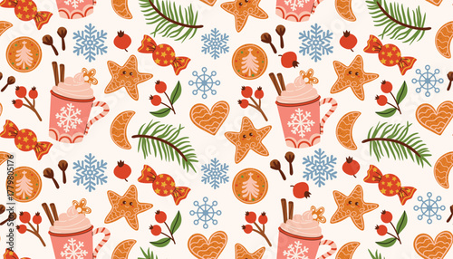 Cute flat cartoon Christmas pattern with a mug of hot cocoa with cinnamon, cloves, gingerbread hearts, stars, moons, red berries, candies, snowflakes, fir branches scattered on a beige background.