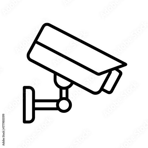 Thin black vector icon of a CCTV camera on a wall mount, symbolizing surveillance, monitoring, and security protection for buildings.