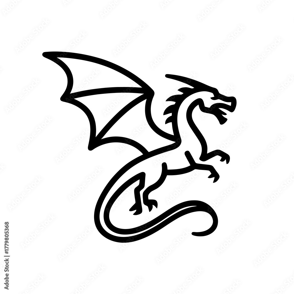 Obraz premium Minimal black dragon in flight vector with extended wings and detailed tail, ideal for fantasy branding, gaming, or mythology designs.