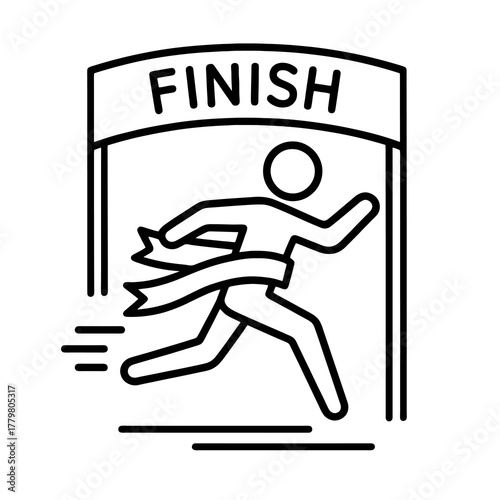 Thin black vector of a runner breaking the finish line ribbon, symbolizing victory, determination, and competitive spirit in sports.
