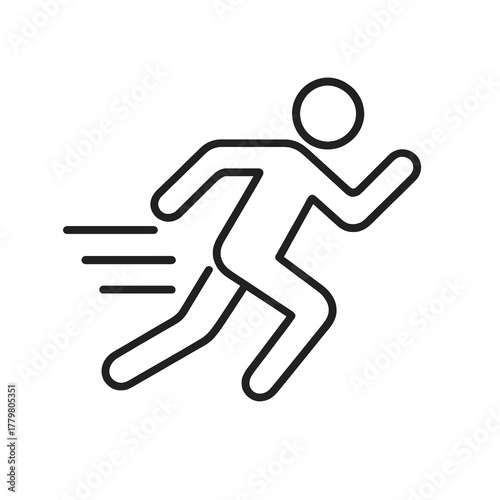 Thin black vector icon of a running athlete with motion lines, symbolizing speed, energy, and determination in sport and fitness.