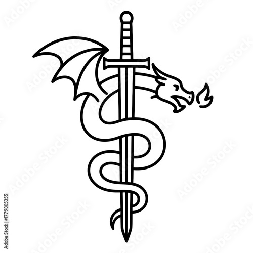Thin black vector icon of a dragon wrapped around a sword, representing strength, honor, and the mythical spirit of ancient warriors.