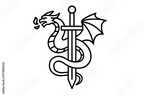 Minimal black dragon and sword vector symbolizing courage, power, and fantasy battle energy, perfect for logos, tattoos, or game icons.