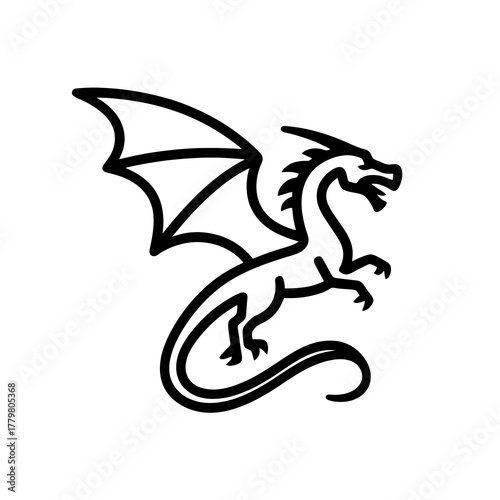 Minimal black dragon in flight vector with extended wings and detailed tail, ideal for fantasy branding, gaming, or mythology designs.