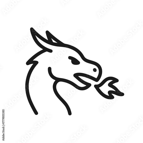 Thin black vector dragon head icon with small flame, symbolizing power and fantasy elegance, perfect for modern minimalist designs.