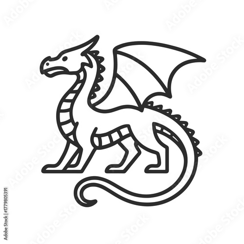 Minimal black dragon vector showing full silhouette with elegant curves and fine scales, ideal for fantasy logos and mythical themes.