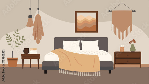 A bedroom with a neutraltoned duvet cover a knit throw blanket and a macrame wall hanging.